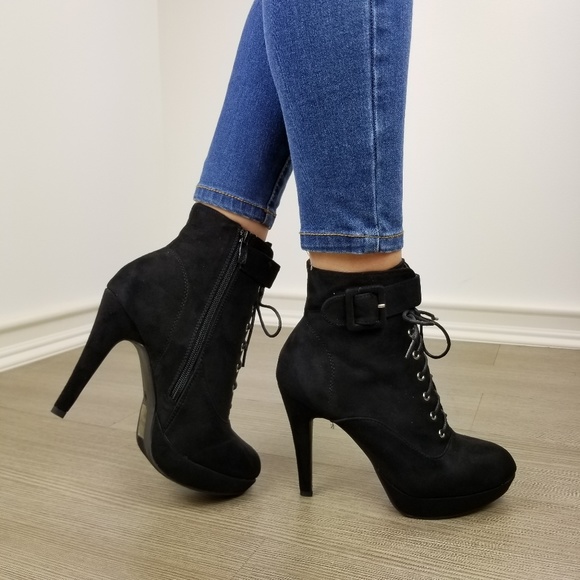 Black Faux Suede Heel Lace-Up Ankle Booties - Picture 2 of 8